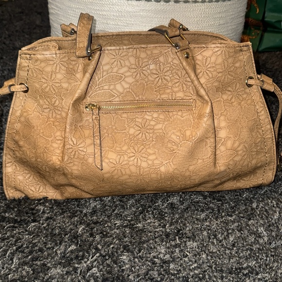 Tan Floral Jessica Simpson Satchel Purse with Leopard Interior - Picture 6 of 11